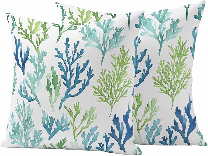 Ocean Teal Outdoor Waterproof Throw Pillow Covers Set of 2, 18"x18", Blue Green Coral Underwater Garden Coastal Decorative Pillow Covers Outside Cushion Case for Patio Porch Garden