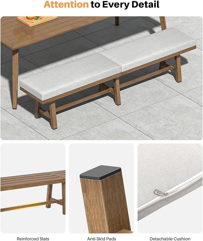76'' Outdoor Patio Bench, 3-Seat Never-Rust Aluminum Backless Outdoor Bench with Thick Cushion, Weatherproof Outdoor Dining Benches, Outside Porch Benches for Balcony, Deck, Garden, Lawn, Teak