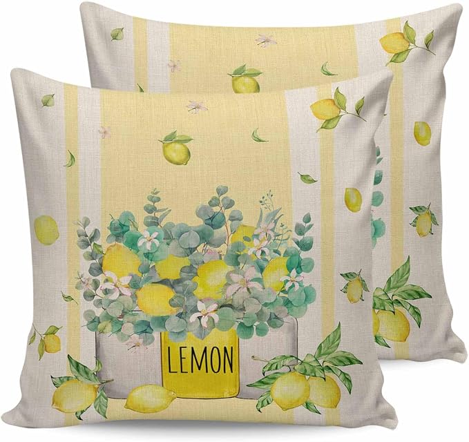 Eucalyptus Leaves Outdoor Pillow Covers Pack of 2, Yellow Stripes Vase Lemon Waterproof Pillow Covers Seasonal Spring Summer Throw Pillowcase for Patio Funiture Garden Tent, 18 x 18 inch