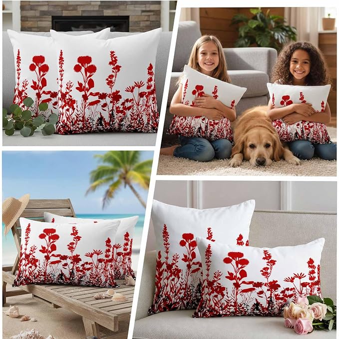 Red Flowers Waterproof Outdoor Pillow Covers Set of 2 Home Decor, Rustic Spring Wild Floral Herbs Plants Pillowcase Patio Pillow Covers for Couch Bench Furniture Garden 24x24in