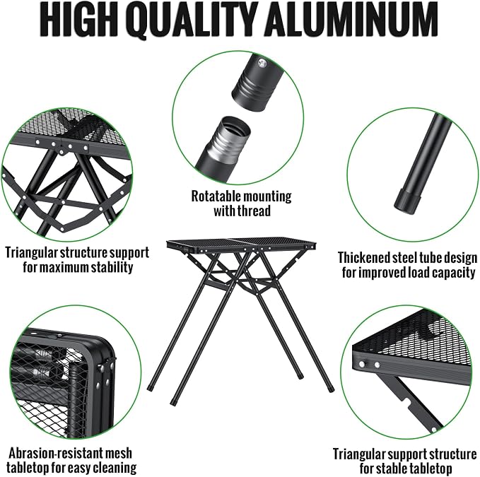 GARLLEN Folding Grill Table Max Capacity 180 lbs, 3 Adjustable Height Camping Table with Heat-Resistant Tabletop, Aluminum Picnic Table with Stable Structure for BBQ, Camping, Outdoor, 23.6"L x 15.7"W