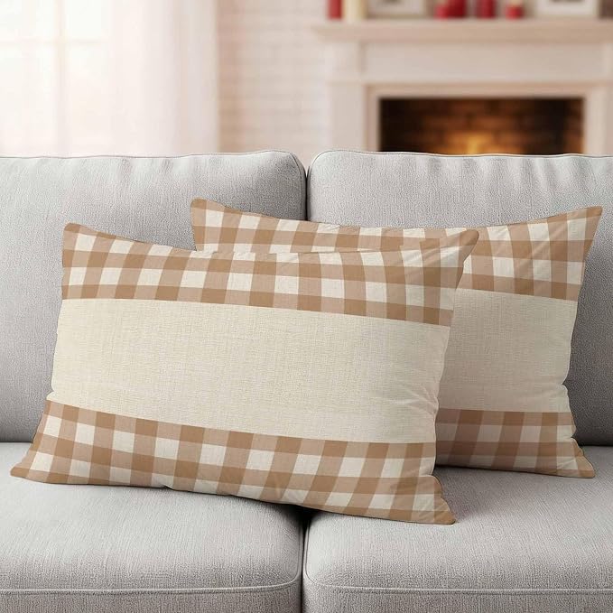 Retro Brown Outdoor Waterproof Pillow Covers, Farmhouse Buffalo Plaid Vintage Beige Decorative Rectangle Throw Pillowcase Sofa Cushion Sham for Patio/Couch/Chair, 20"x12" 2 Pack