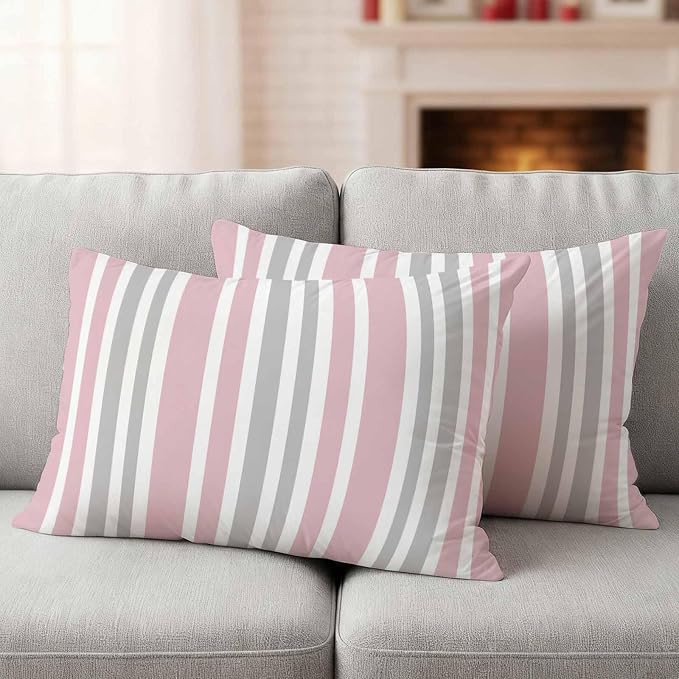 Pink Grey Stripe Outdoor Pillow Covers 20x12 Inch Lumbar Pillow Covers Set of 2 Waterproof Decorative Throw Pillow Cases Farmhouse Minimalist Striped Cushion Covers for Patio Furniture Garden Couch