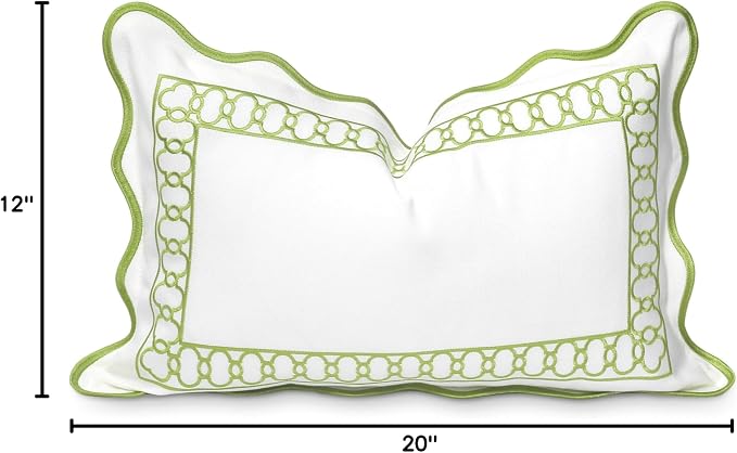 Hofdeco Premium Coastal Patio Indoor Outdoor Scalloped Lumbar Pillow Cover Only, 12"x20" Water Repellent for Backyard, Couch, Green Embroidered Begonia Pattern Chain Frame