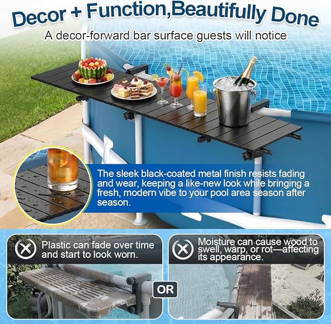 Above Ground Pool Bar, 47" x 11.7" Black Pool Bar Table for Round Above Ground Pools, Stainless Steel Frame, Aluminum Tabletop, UV & Pool Chemical Resistant, Holds 150 lbs