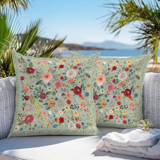 Vandarllin Outdoor Throw Pillows Covers 16x16 inch Set of 2 Waterproof Sage Green Floral Decorative Zippered Cushion Covers for Patio Furniture, Farmhouse Vintage Flower Lumbar Pillowcases