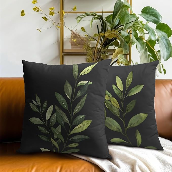 Green Leaf Throw Pillow Covers Set of 2, 20x20 Inch Spring Plants Leaves Rustic Print Black Square Pillowcases for Living Room Bedroom Sofa Couch Patio Outdoor Home Decor
