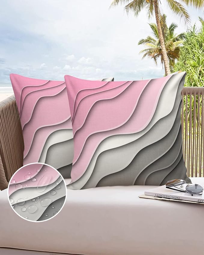 Outdoor Waterproof Pillow Covers for Patio Furniture Pink Modern Geometric Decorative Throw Pillow Cover Abstract Beach Pillowcases Set of 2 Cushion Case for Sofa Couch Chair Home Decor 24 x 24 Inches
