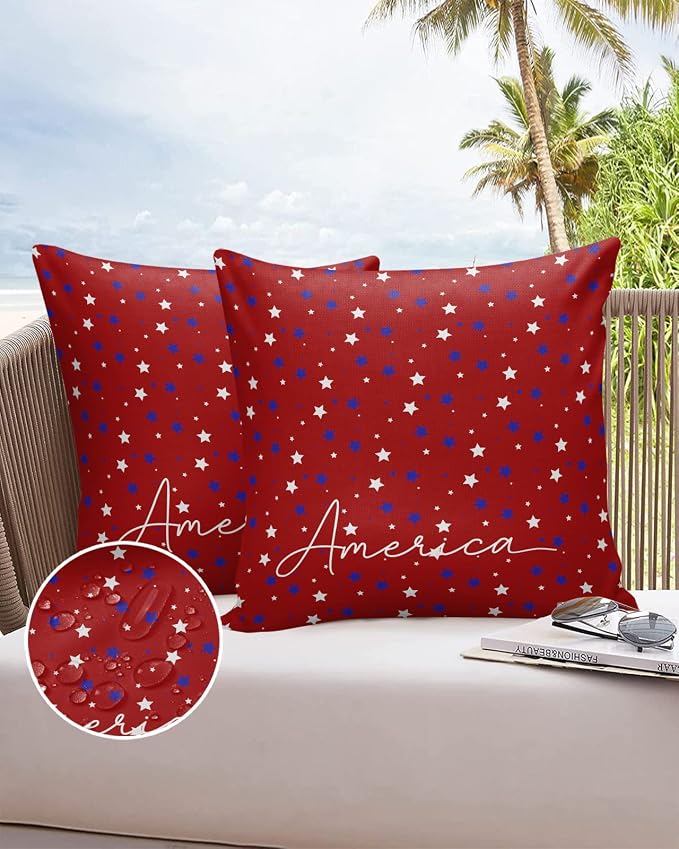 Pentagram Outdoor Pillow Shams Set of 2, Decorative Pillowcases Cushion Case, Soft Throw Pillow Covers Waterproof Pillow Case 24x24 Inch, American Patriotic Stars Red Blue