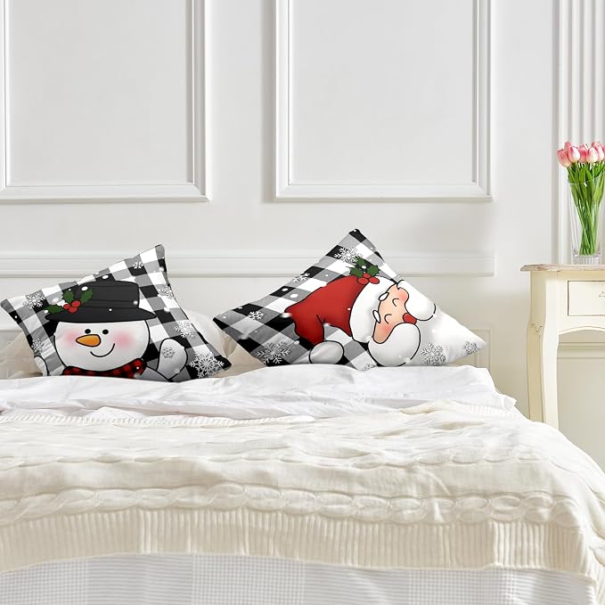 Xmas Santa Claus and Snowman Christmas Pillow Covers 16x16 Set of 2 Black and White Plaid Throw Pillow Covers Warm Soft Touch Cotton Blend Winter Pillows Cases for Bedroom Sofa