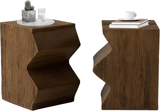 HOMPUS Outdoor Concrete Side Table w Faux Wood, Set of 2 Patio End Table Modern Vintage MgO, Lightweight Functional Combine Accent Table for Indoor Outdoor Use, Garden, Deck, Poolside, Brown