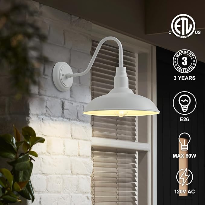 14 Inch Dome Outdoor Gooseneck Barn Light Fixture for Farmhouse, White Exterior Goose Neck Wall Mount Lights for Porch, Barn Style Wall Sconce Lighting for Patio, Garage