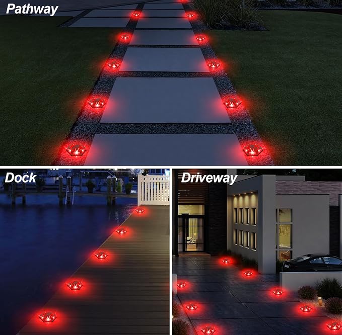 Solar Dock Lights Driveway Deck Lights - 12 Packs Waterproof Outdoor LED Aluminum Dock Lighting Warning Step Light for Driveway Sidewalk Garden Pathway Yard (Red)