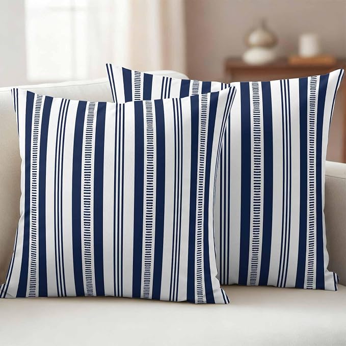 Navy Blue Striped Outdoor Waterproof Pillow Covers, Farmhouse Stripes Modern Geometric Decorative Square Throw Pillowcase Sofa Cushion Sham for Patio/Couch/Chair, 26"x26" 2 Pack