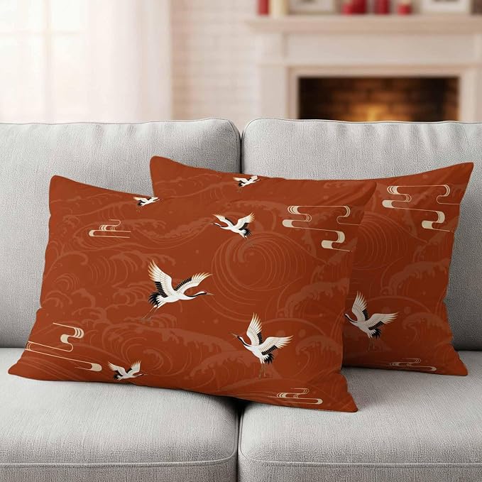 Japanese Style Outdoor Pillow Covers 20x12 Inch Lumbar Pillow Covers Set of 2 Waterproof Decorative Throw Pillow Cases Vintage Art Cranes Ocean Wave Red Cushion Covers for Patio Furniture Garden Couch