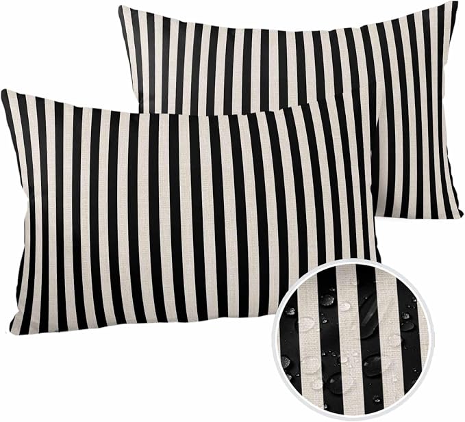 Outdoor Waterproof Throw Pillow Covers Set of 2 Black Stripes Lumbar Pillowcases 20x12 Inches Linen Classic Vertical Striped Patio Decorative Pillows Cushion Case Patio Pillows for Couch Bed Garden