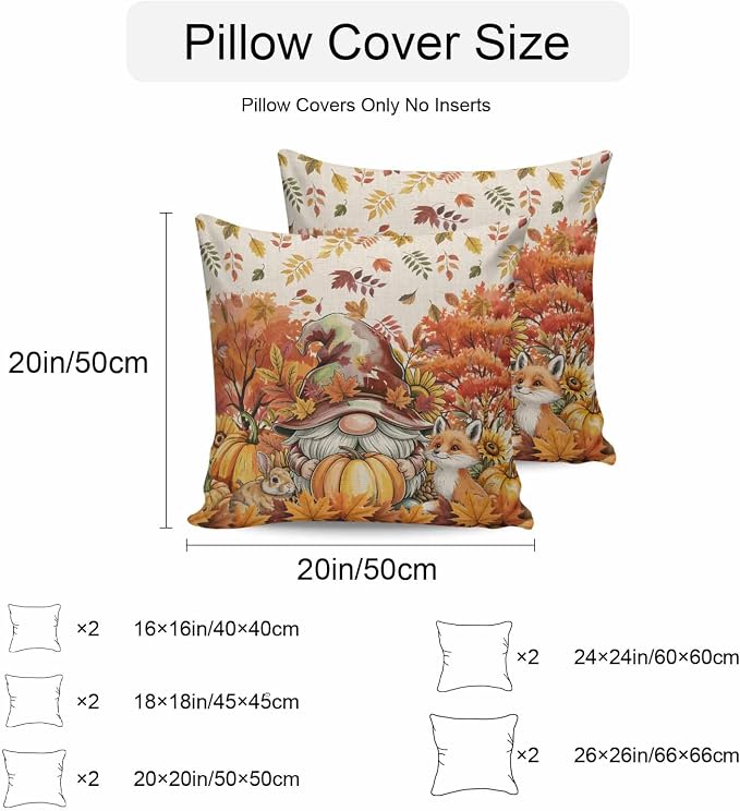 Fall Gnomes Pumpkin Outdoor Waterproof Pillow Covers, Maple Leaves Animal Country Vintage Decorative Square Throw Pillowcase Sofa Cushion Sham for Patio/Couch/Chair, 18"x18" 2 Pack