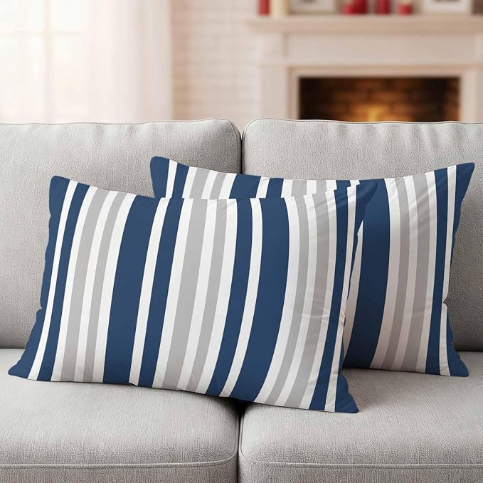 Navy Blue Grey Stripe Outdoor Pillow Covers 20x12 Inch Lumbar Pillow Covers Set of 2 Waterproof Decorative Throw Pillow Cases Farmhouse Minimalist Striped Cushion Covers for Patio Furniture Garden