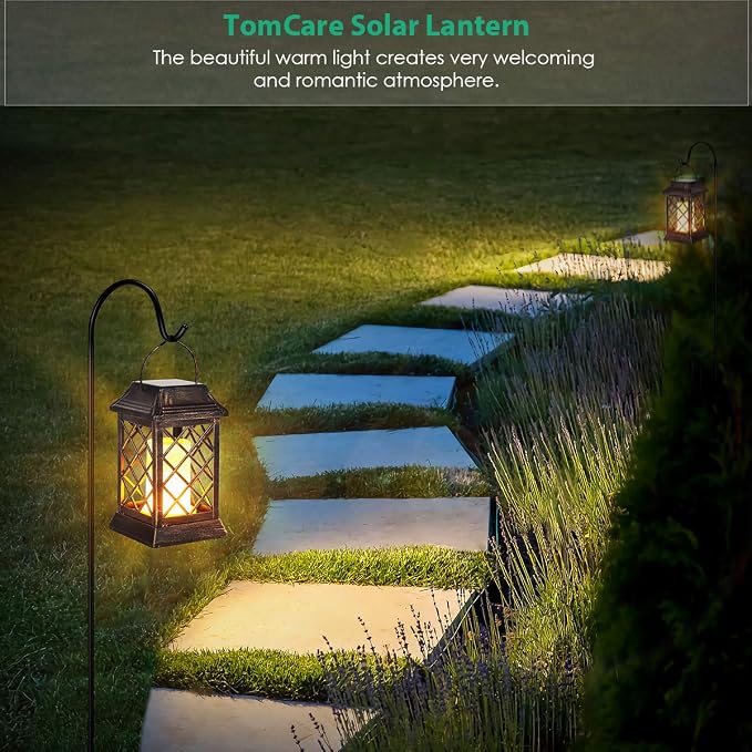 TomCare Flickering Flame Solar Lights Outdoor Metal Hanging Lantern, 2 Pack | Realistic Flame Effect, Charges in 6-8 Hours, 10-12-Hour Runtime, IP65 Waterproof, Auto On/Off for Patio, Garden and Porch