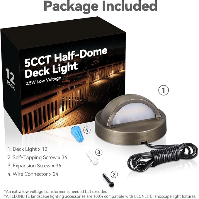LEONLITE 12-Pack 5CCT 3.74inch Low Voltage LED Deck Lights, Bronze | 180LM, 12-24V AC/DC, CRI90, UL Listed, Die-cast Aluminum Housing, Frosted Glass Lens, 1800K/2700K/3000K/4000K/5000K