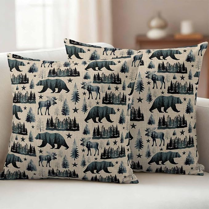 Vintage Bear Elk Cabin Outdoor Pillow Covers 24x24 Inch Throw Pillow Covers Set of 2 Waterproof Decorative Pillow Cases Farmhousee Pine Tree Rustic Cushion Covers for Patio Furniture Garden Couch Sofa