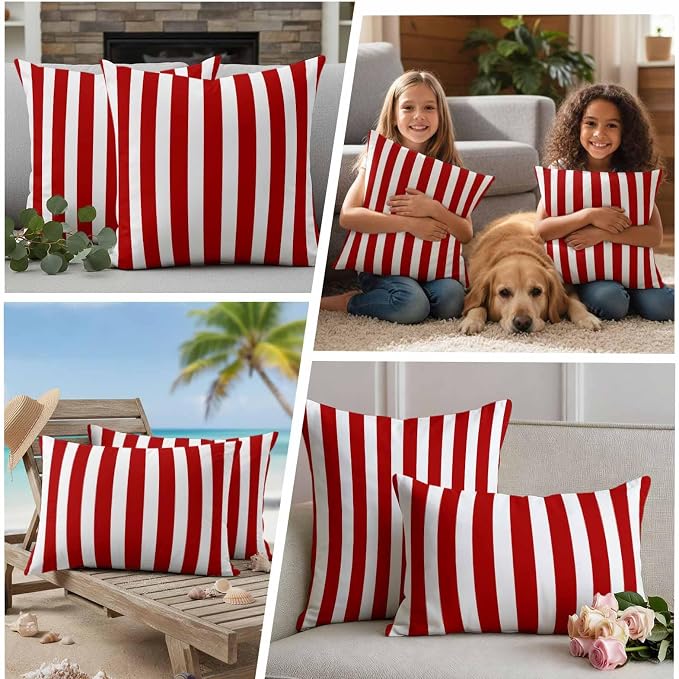 Red Striped Outdoor Waterproof Throw Pillow Covers 16x16 Set of 2, Christmas Farmhouse Red White Stripes Decorative Pillowcases Cushion Pillowcase for Couch Sofa Patio Outside Pillow Protector