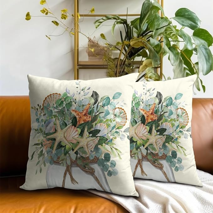 Summer Eucalyptus Coastal Pillow Covers 22x22 Set of 2 - Beach Starfish Flowers Jar Seasonal Decorative Cushion Cover Cotton Linen Pillowcase for Living Room Bedding Sofa Couch