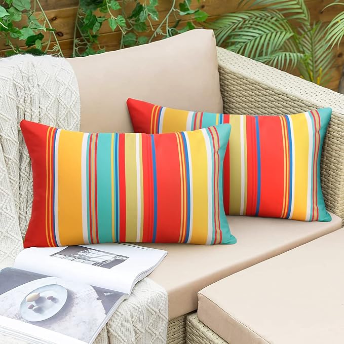 Pyonic Lumbar Outdoor Waterproof Throw Pillow Covers Set of 2 Rectangle Pillow Covers Decorative Patio Pillows for Patio Tent Garden Beach,12x20 Inches,Color Stripe(Red)