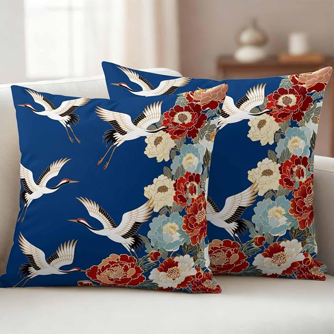 Japanese Style Outdoor Pillow Covers 20x20 Inch Throw Pillow Covers Set of 2 Waterproof Decorative Pillow Cases Blue Rustic Botanical Blossom Peony Birds Cushion Covers for Patio Furniture Garden