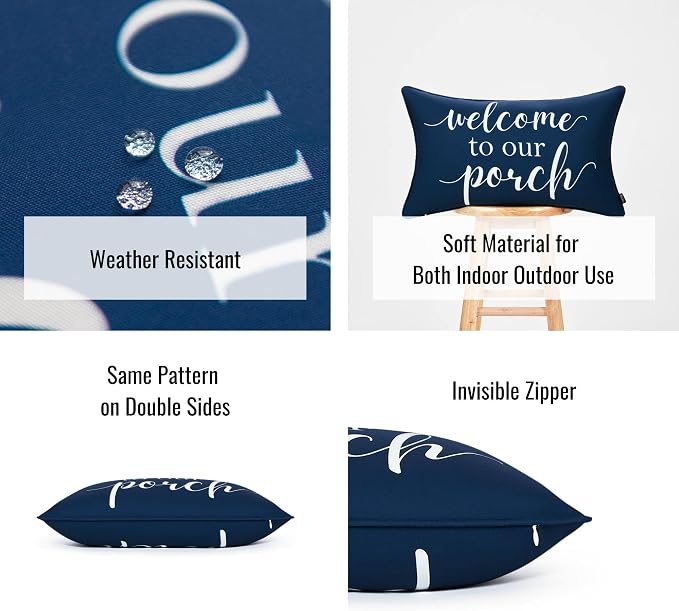 Hofdeco Premium Porch Patio Indoor Outdoor Lumbar Pillow Cover ONLY for Backyard, Couch, Sofa, Navy Blue Welcome to Our Porch, 12"x20"