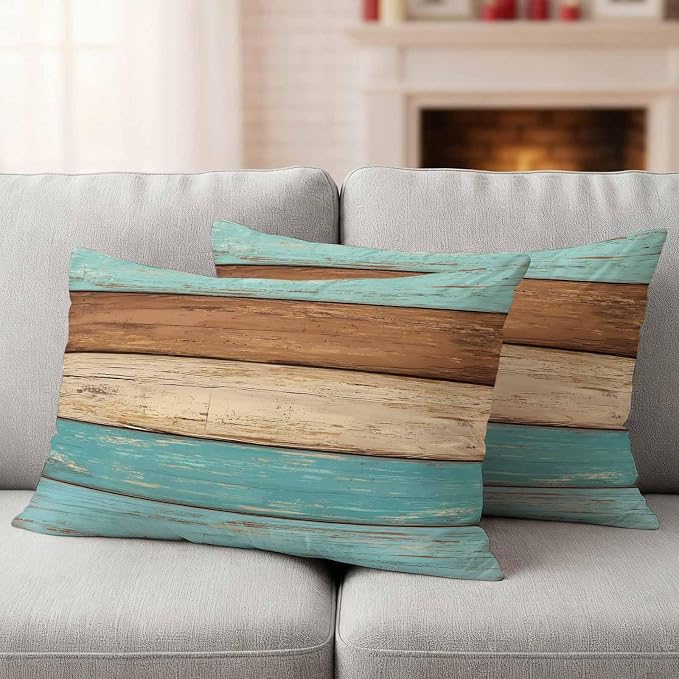 Farmhouse Aqua Brown Outdoor Waterproof Pillow Covers, Vintage Wooden Striped Decorative Rectangle Throw Pillowcase Sofa Cushion Sham for Patio/Couch/Chair, 20"x12" 2 Pack