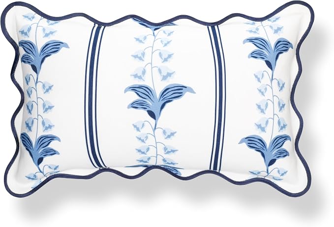 Hofdeco Premium Coastal Hampton Patio Indoor Outdoor Lumbar Pillow Cover Only, 12"x20" Water Repellent for Backyard, Couch, Poolside, Azure Navy Blue Print Watercolor Striped Lily of the Valley