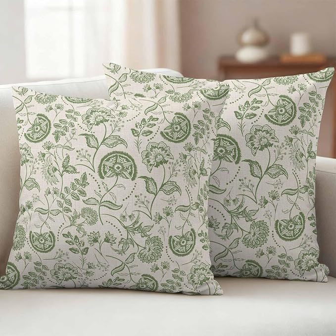 Outdoor Pillow Covers 26x26 Set of 2, Sage Green Spring Floral Waterproof Patio Throw Pillow Covers for Couch Sofa Chair, Retro Summer Botanical Farmhouse Decorative Pillowcases for Throw Pillows