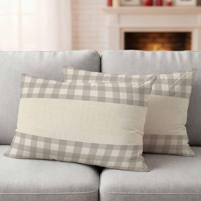 Retro Grey Outdoor Waterproof Pillow Covers, Farmhouse Buffalo Plaid Vintage Beige Decorative Rectangle Throw Pillowcase Sofa Cushion Sham for Patio/Couch/Chair, 20"x12" 2 Pack