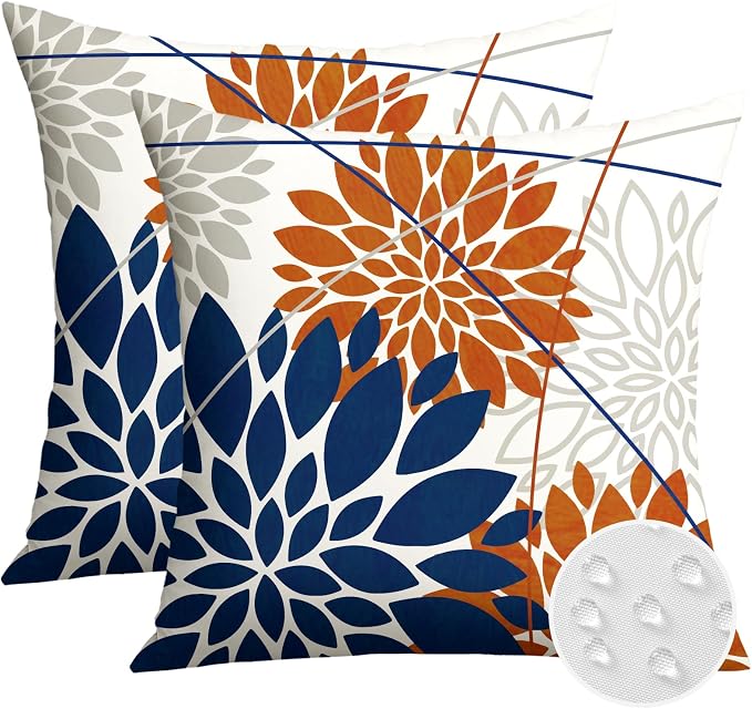 OTOSTAR Outdoor Dark Blue Orange Pillow Covers 18x18 Inch Set of 2 Beige Flower Throw Pillows Farmhouse Geometric Dahlia Floral Square Cushion Case Waterproof Decor for Sofa Patio Funiture Garden