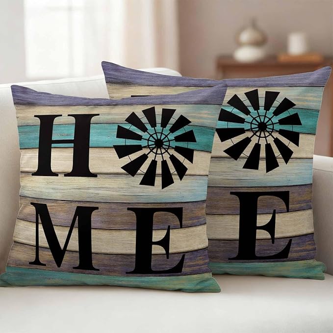 Outdoor Pillow Covers Set of 2, Farm Home Windmill Decorative Throw Pillow Covers 16X16IN, Farmhouse Vintage Wood Board Throw Pillows Protector Cushion Case for Patio,Couch,Sofa,Garden