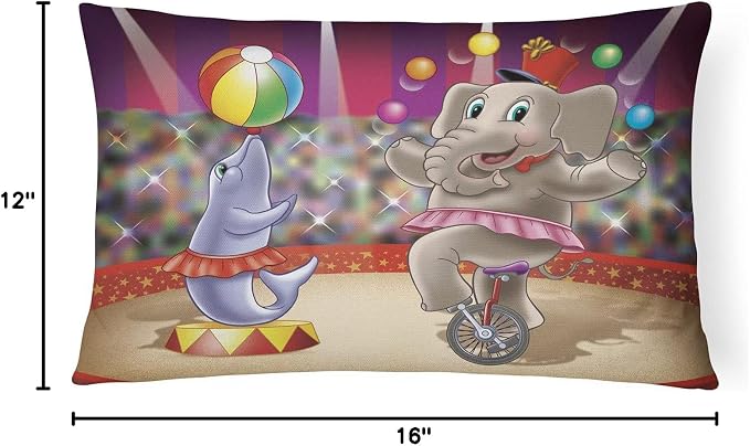 Caroline's Treasures APH3816PW1216 Circus Elephand and Dolphin Canvas Fabric Decorative Pillow Machine Washable, Indoor Outdoor Decorative Pillow for Couch, Bed or Patio, 12HX16W