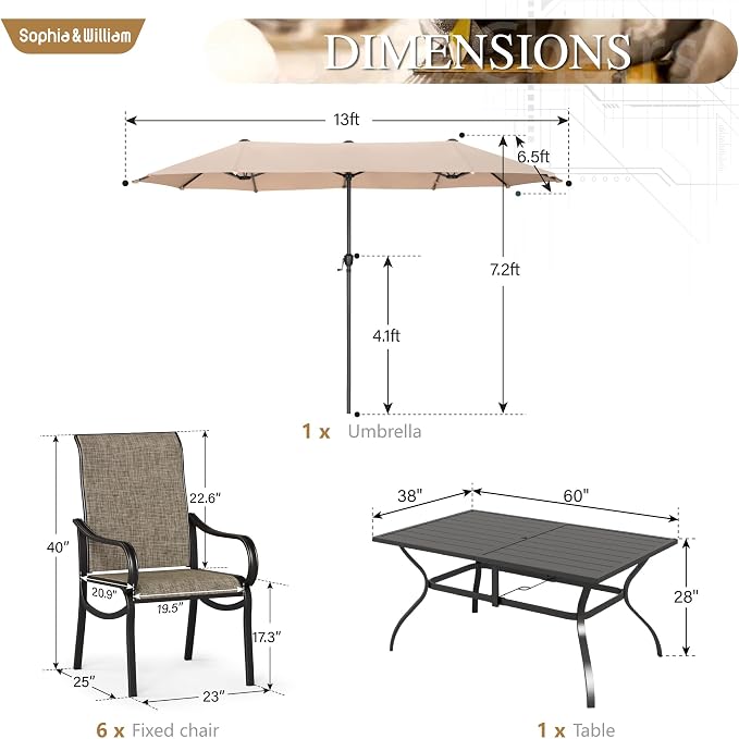 Sophia & William Patio Dining Set for 6 Person, Outdoor Dining Set with Umbrella, Patio Furniture Set for Deck Lawn Garden Backyard (Beige Umbrella,Base Not Included)