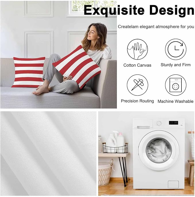 Outdoor Waterproof Throw Pillow Covers Set of 2 Red White Stripe Pillowcases 24x24 Inches Simple Style Striped Decorative Pillows Cushion Case Patio Pillows for Couch Bed Chair Garden