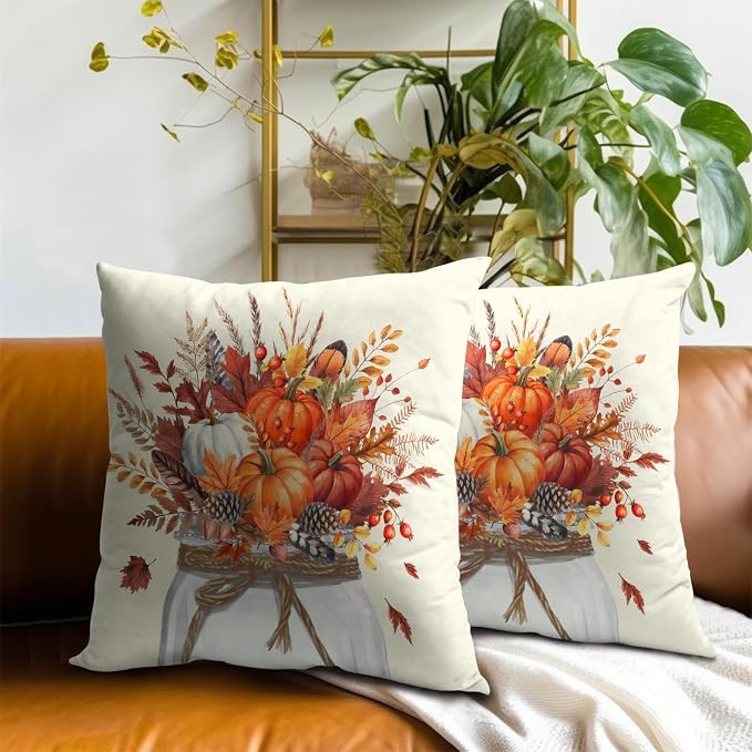 Vintage Pumpkin Throw Pillow Covers 18x18 Inch Set of 2, Rustic Fall Orange Floral Vase Square Pillowcases Cotton Cushion Cover for Couch Sofa Bedroom Porch Cabin Patio Decor