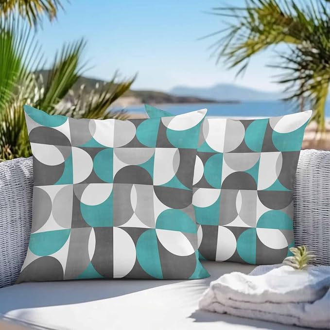Vandarllin Outdoor Throw Pillows Covers 18x18 inch Set of 2 Waterproof Mid Century Geometric Decorative Zippered Cushion Covers for Patio Furniture, Abstract Modern Teal Lumbar Pillowcases