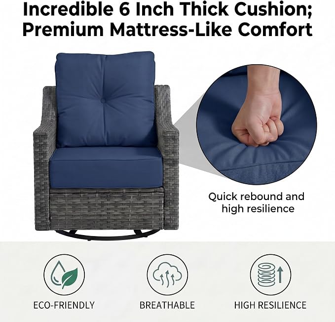 7 Piece Patio Furniture Set with 6" Thick Cushions, Weather-Resistant Wicker Swivel Rocker High Back Chairs and Fire Pit Table for Porch Yard Deck