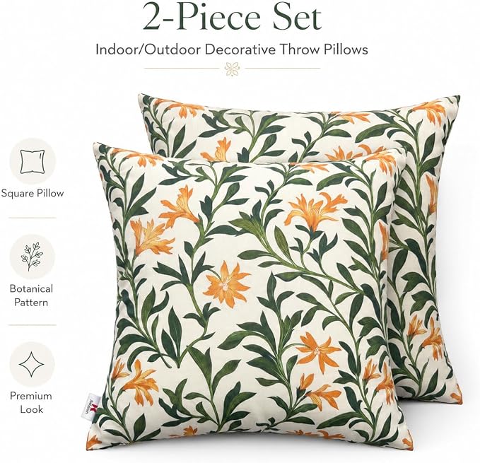 Outdoor Throw Pillows 18×18 Inch Waterproof Pillows with Inserts | Pack of 2 Fade Resistant Decorative Throw Pillows Outdoor Square Pillows for Garden Couch Sofa Patio Furniture