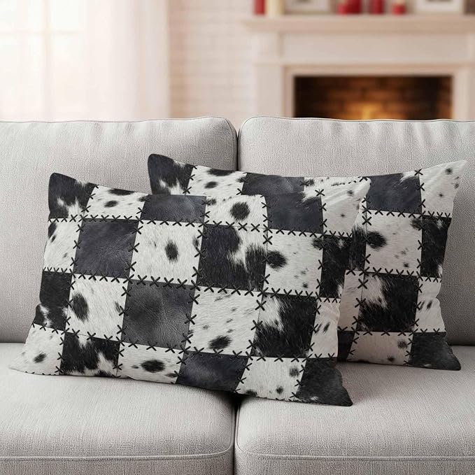 Black White Animal Printed Outdoor Pillow Covers 20x12 Inch Lumbar Pillow Covers Set of 2 Waterproof Decorative Throw Pillow Cases Farmhouse Fur Texture Plaid Cushion Covers for Patio Furniture Garden