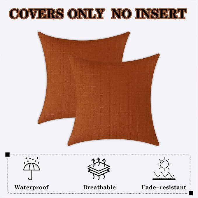 Kevin Textile Outdoor Waterproof 22”x22” Pillow Covers 2 Pack, Burnt Orange | Water Resistant, Soft Faux Linen-cotton Yarn-dyed Woven Texture Throw Pillow Covers for Tent Patio Garden Couch Sofa