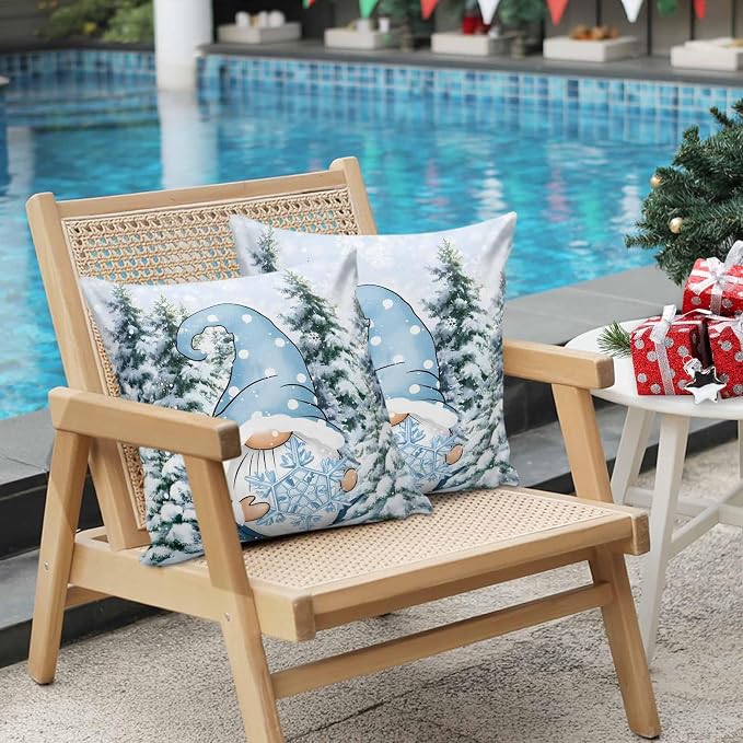 Christmas Gnome Outdoor Throw Pillow Cover Xmas Blue Snowflake Waterproof Cushion Covers 2 Pack Winter Snowy Pine Forest Pillow Cases Home Decoration for Patio Garden Couch Sofa 18x18In