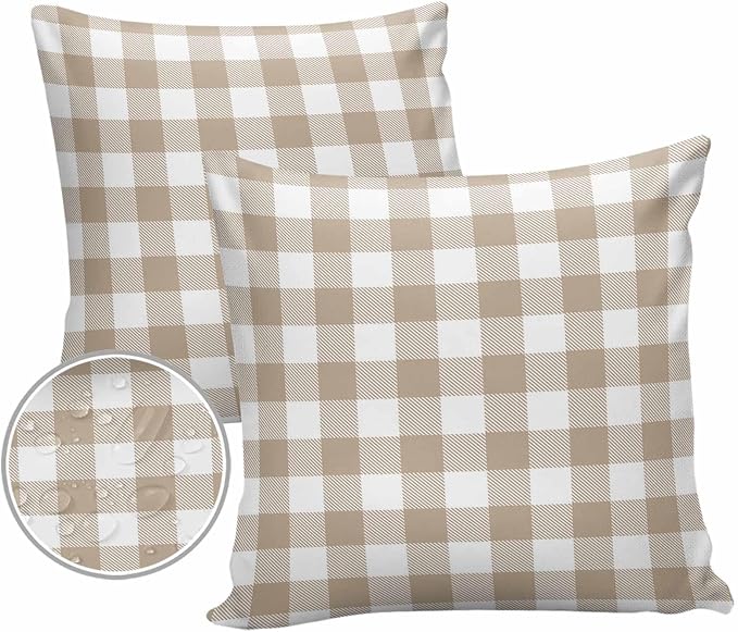 Outdoor Waterproof Throw Pillow Covers Set of 2 Khaki Buffalo Check Plaid Pillowcases 20x20 Inches Farmhouse Style Patio Decorative Pillows Cushion Case Patio Pillows for Couch Bed Chair Garden