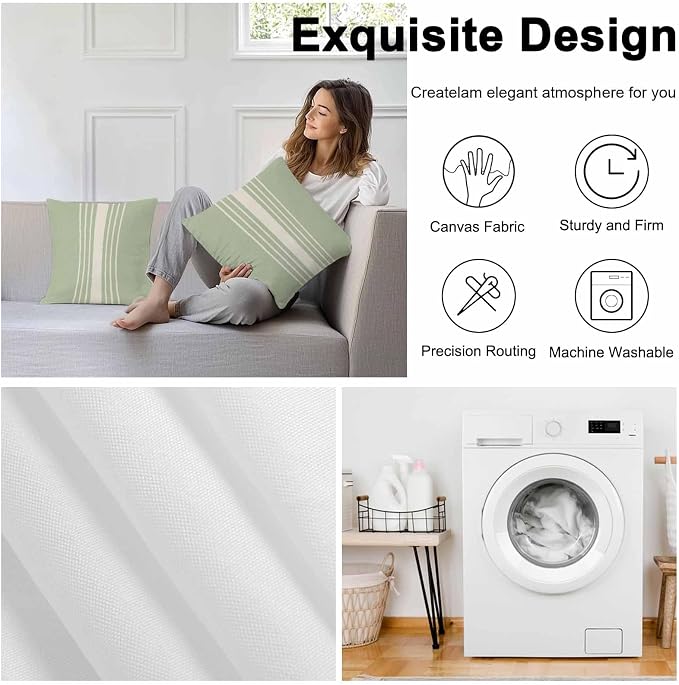 Throw Pillow Covers 20x20 Inch Set of 2, Sage Green Beige Striped Waterproof Outdoor Cushion Covers, Modern Farmhouse Retro Lines Decorative Pillowcases for Couch, Sofa, Bed, Garden, Patio