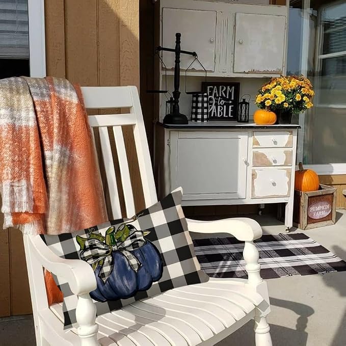 RABUSOFA Outdoor Fall Pillow Covers Waterproof 12x20 Blue Pumpkin Decor | Autumn Harvest Thanksgiving,Buffalo Plaid,Not Insert,Machine Washable,Fall Decorations for Home Sofa Patio Farmhouse