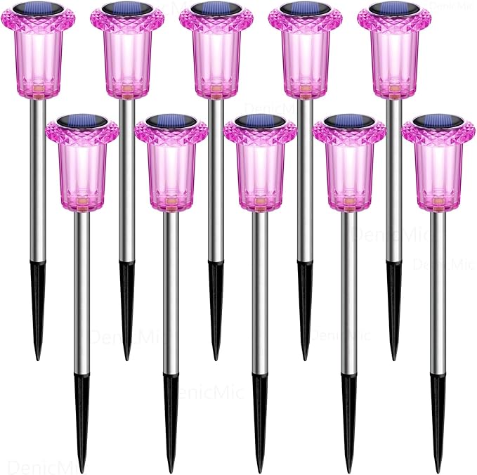 DenicMic Solar Outdoor Lights 10 Pack Pink LED Valentines/Mothers Day Decor | Garden Decor for Outside Yard Patio Flowerbed Pathway Starburst Pattern, Acrylic Diamond-like Lampshade Stainless Steel Pole
